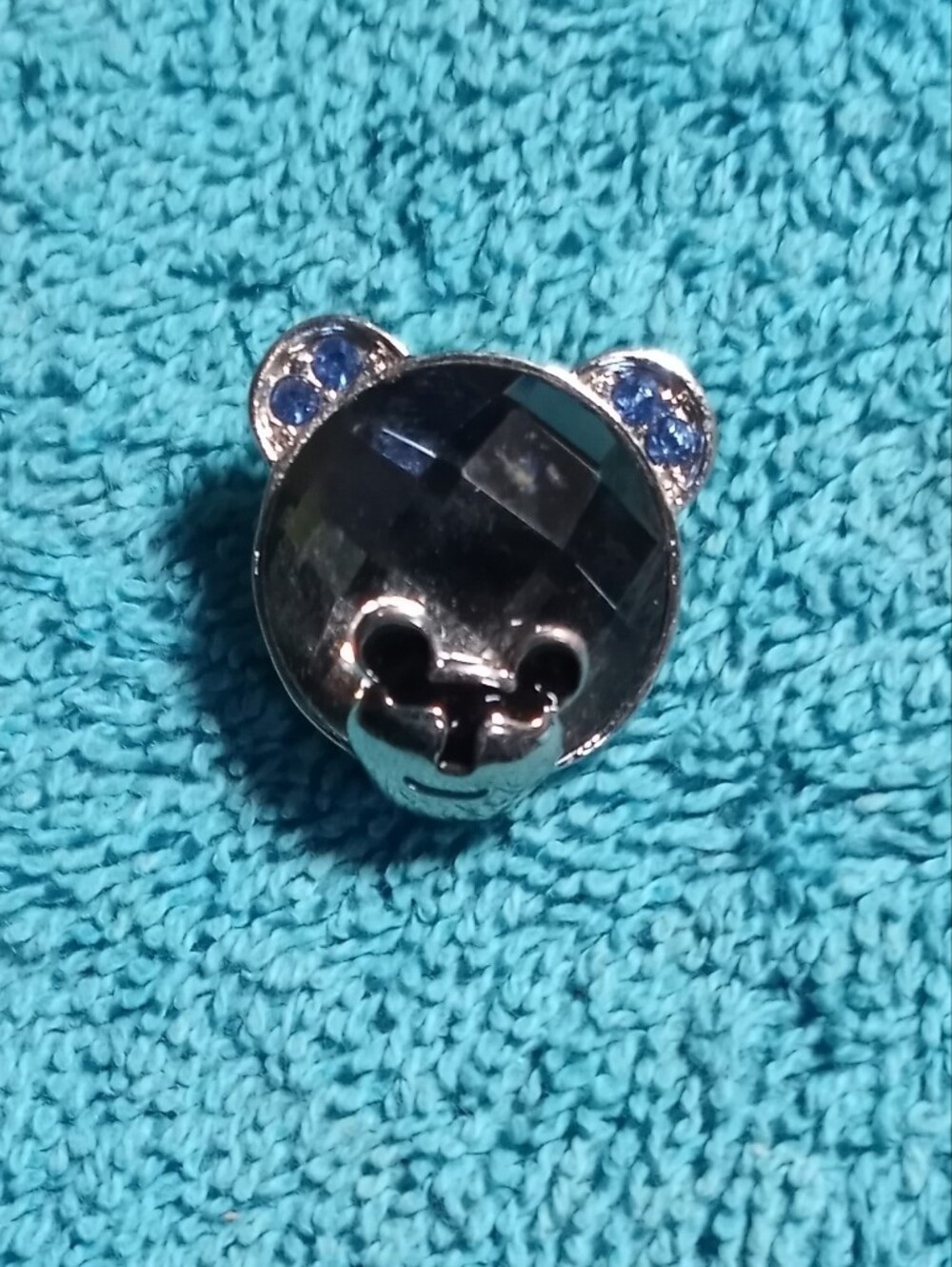 Silver Bear Face Button Charm with Blue Crystal Ears